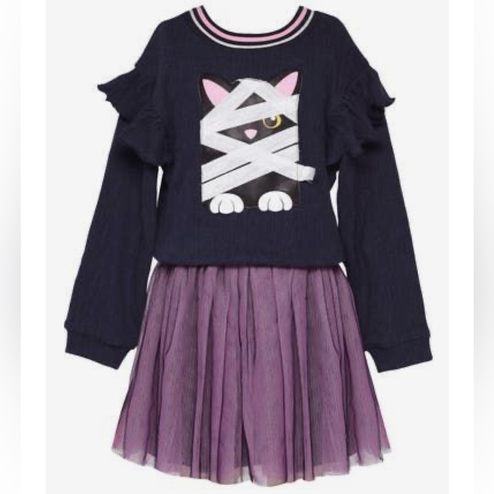 NWT- Truly Me Kids Kitty Mummy long sleeve tutu Dress, Navy multi, 2T